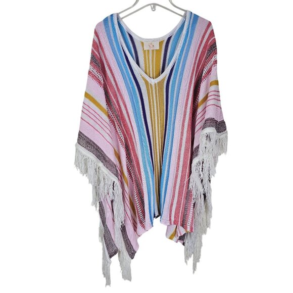 Festival Multicolor Striped Rainbow Fringe Poncho Cape Shawl Boho Relaxed Casual - Picture 1 of 7